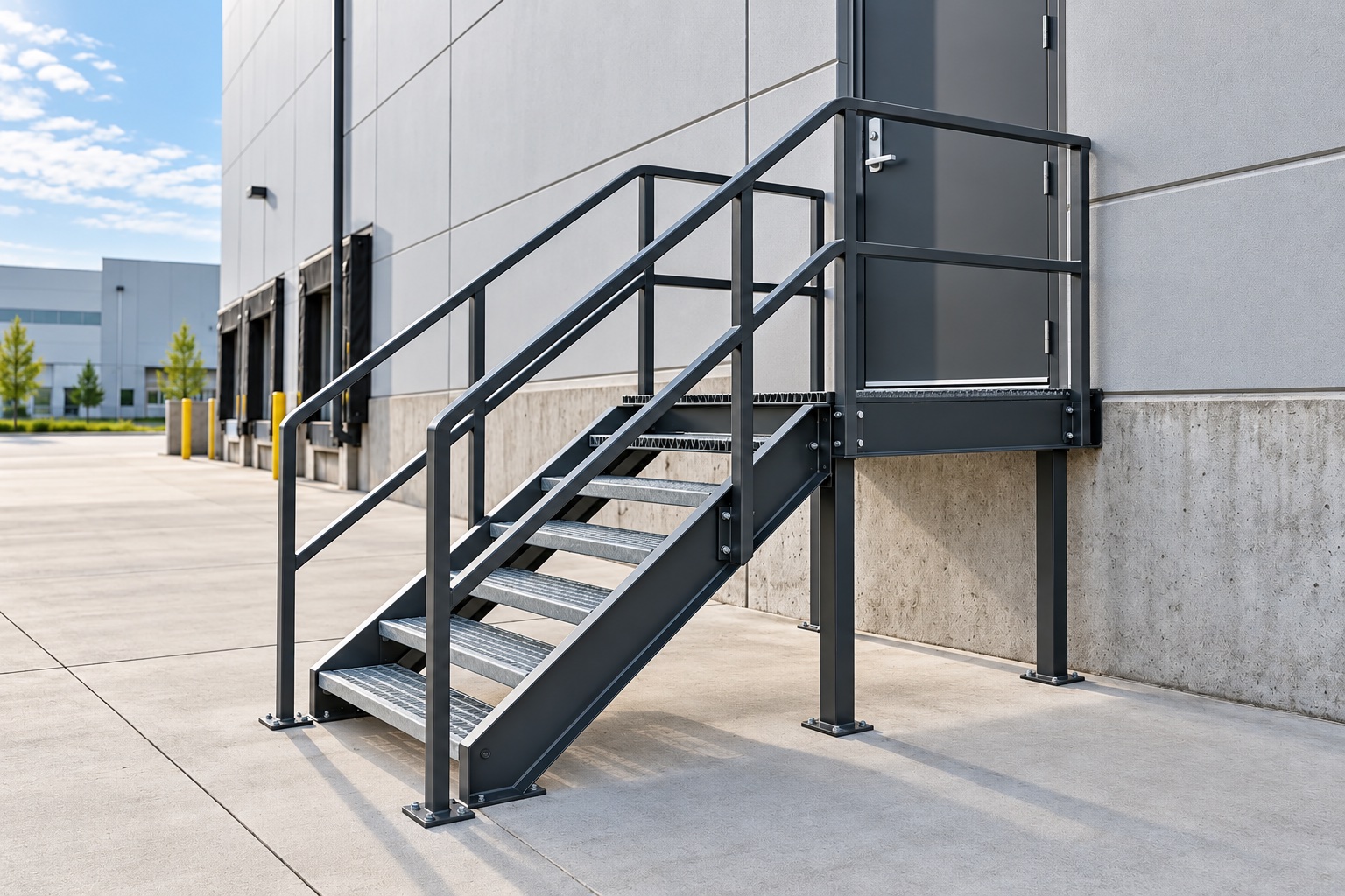 Steel stair and landing with handrails at a commercial building door
