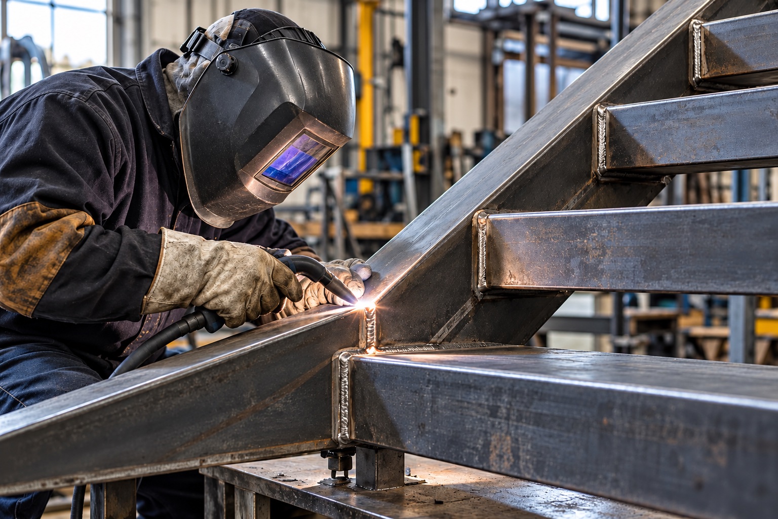 Welder in a helmet welding the frame of a steel stair in a fabrication shop